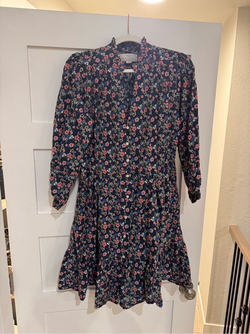 Trovata Navy Floral Midi Dress with Pink and Light Blue Blooms